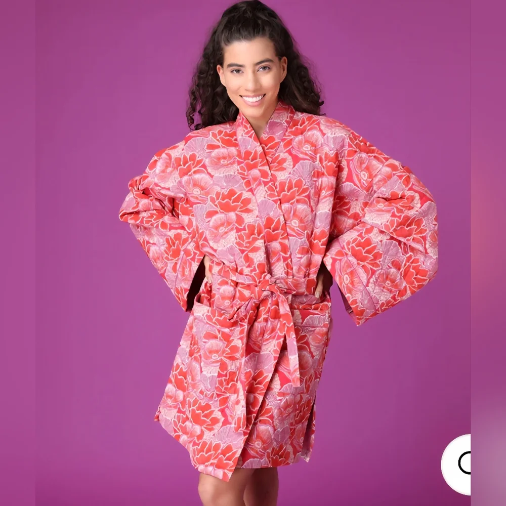 Mahogany Gina Quilted Cotton Floral Kimono Short Robe And PJ Bottoms